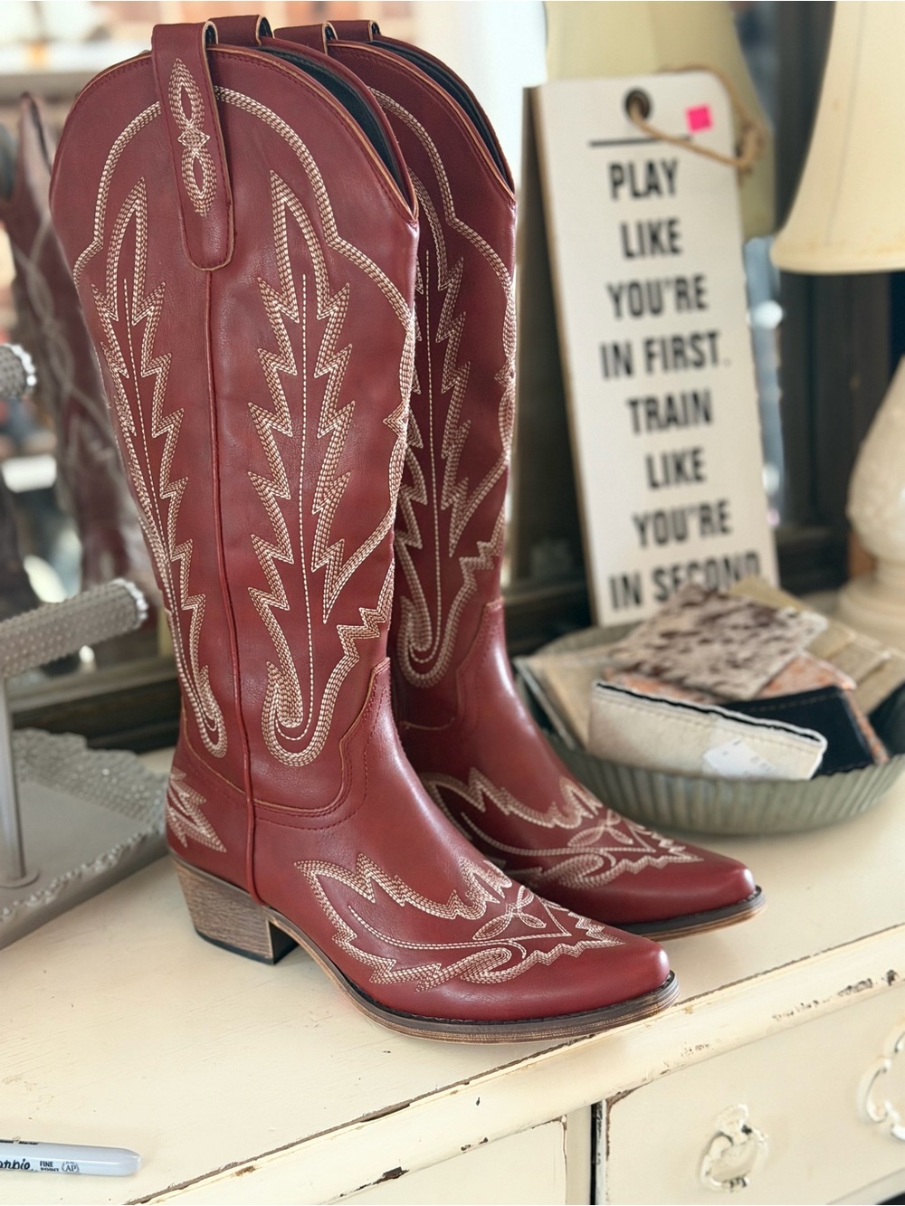 Redtop- Tall Red Western Embroidered Leather Boots